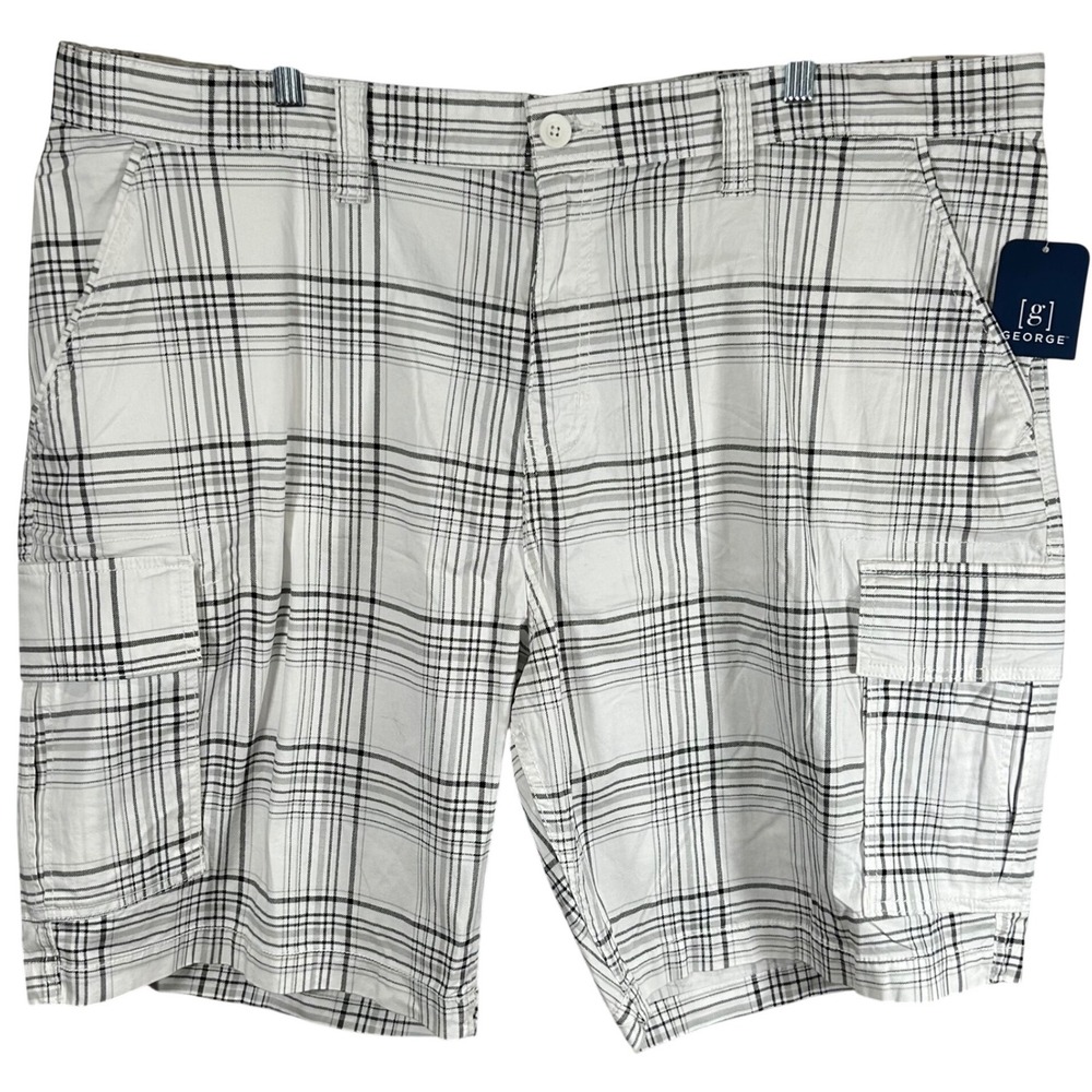 George Mens White Plaid Stretch Cargo Shorts Size 46 Brand New